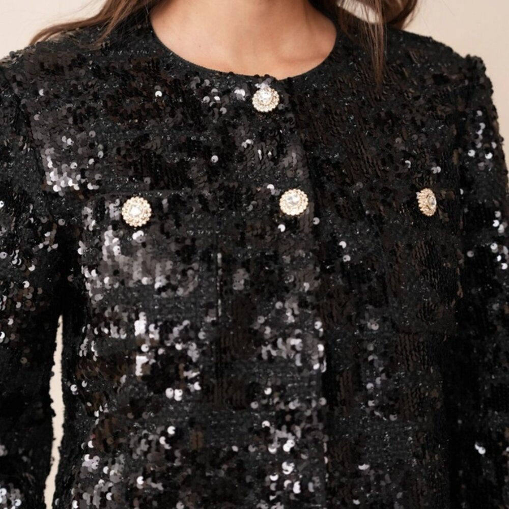 CHOKLATE PARIS - STUNNING BLACK SEQUIN CROPPED BOLERO VEST - Picture 2 of 4